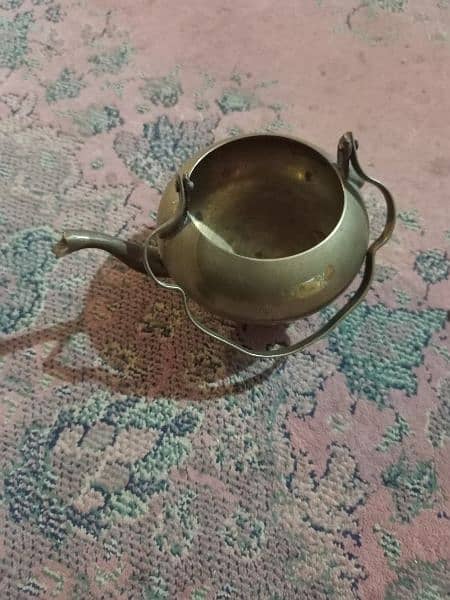 2 Antique tea pots and 1 water pitcher, made of brass 5
