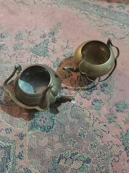 2 Antique tea pots and 1 water pitcher, made of brass 6