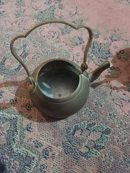 2 Antique tea pots and 1 water pitcher, made of brass 7