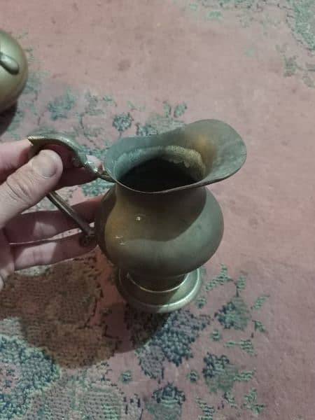 2 Antique tea pots and 1 water pitcher, made of brass 8