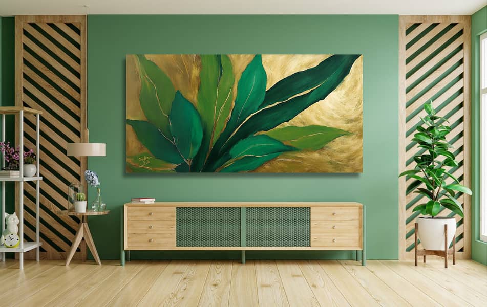 Gold Green Leafy Abstract Art Landscape Handmade Painting Home Decor 1