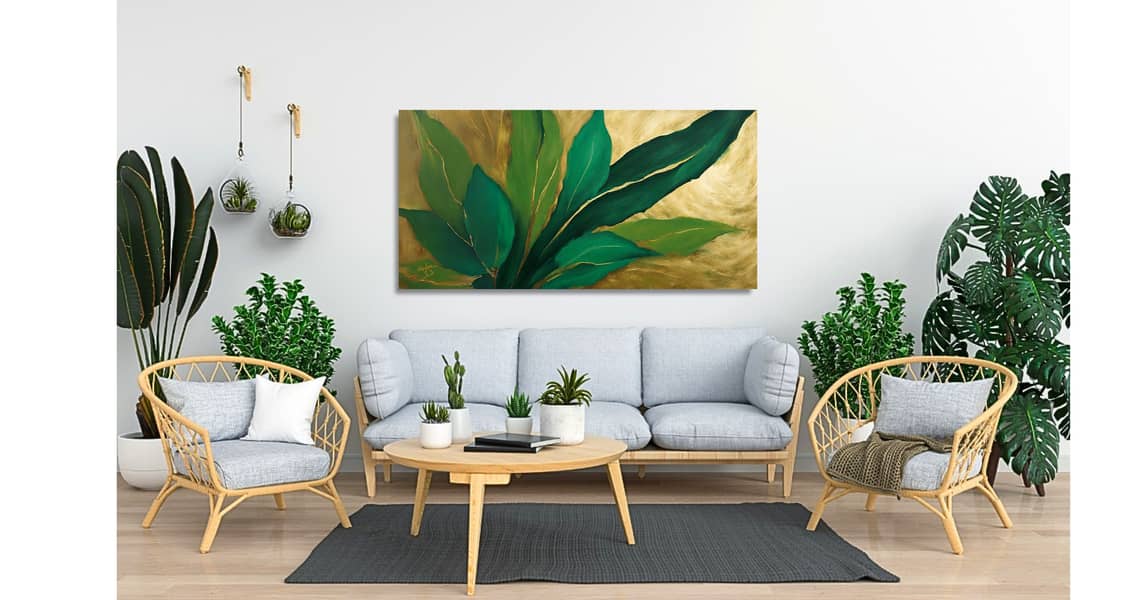 Gold Green Leafy Abstract Art Landscape Handmade Painting Home Decor 3