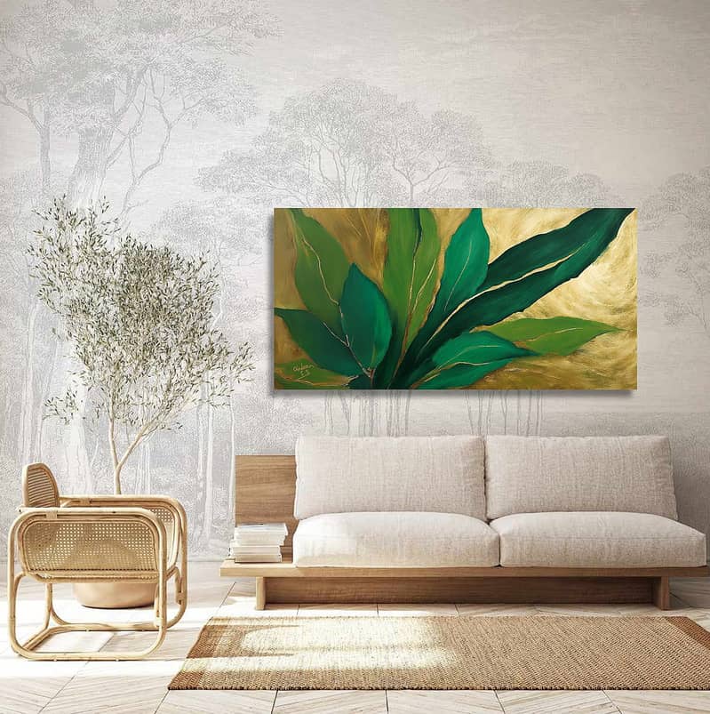 Gold Green Leafy Abstract Art Landscape Handmade Painting Home Decor 4