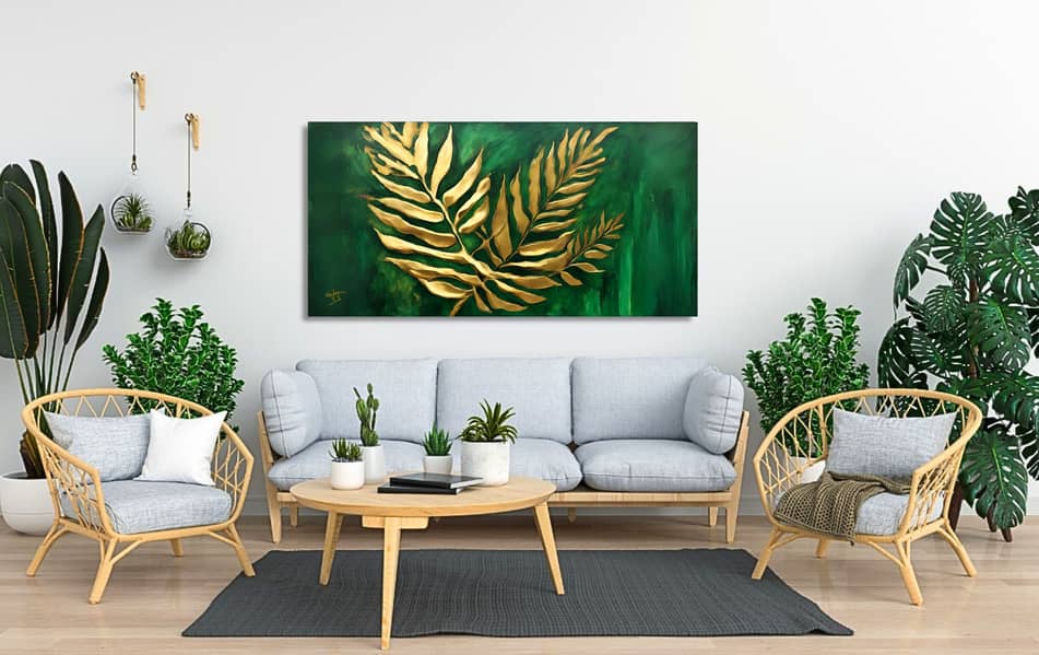 Gold Green Leafy Abstract Art Landscape Handmade Painting Home Decor 5