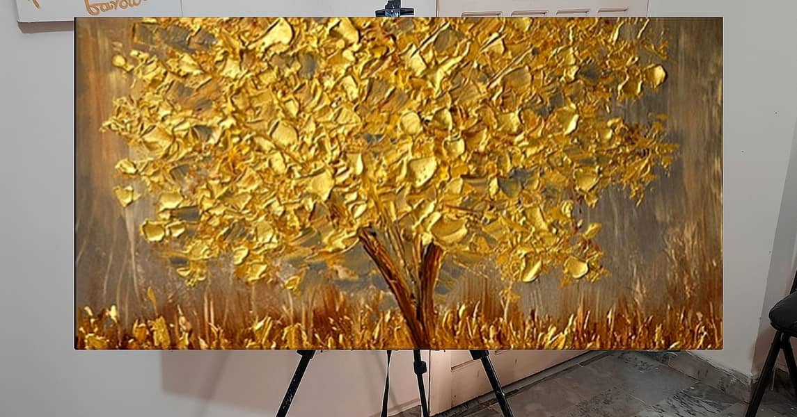 Gold Green Leafy Abstract Art Landscape Handmade Painting Home Decor 13
