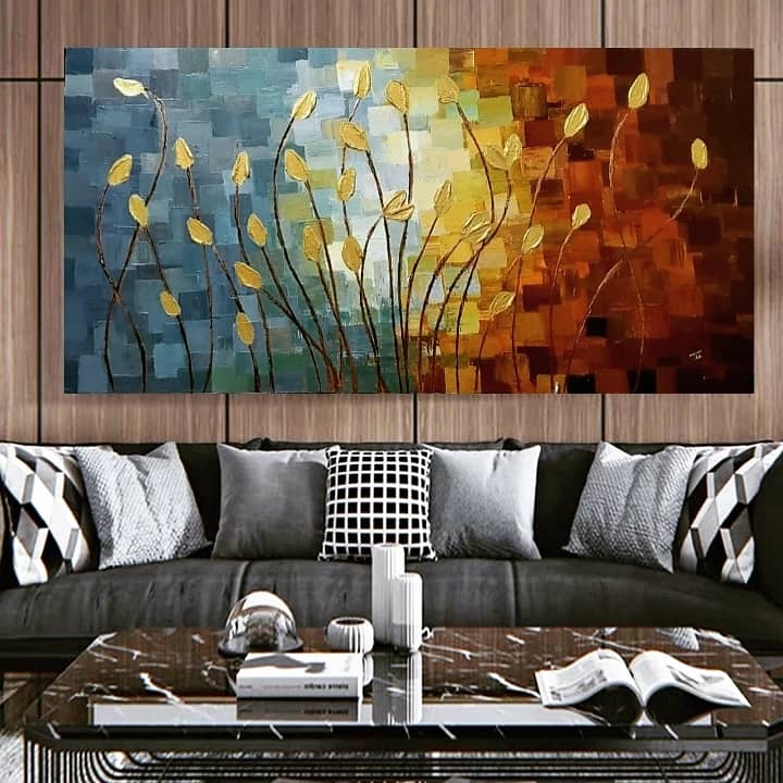 Gold Green Leafy Abstract Art Landscape Handmade Painting Home Decor 19