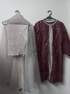 Katan Silk Dress with Organza Dupatta and Organza Shrug