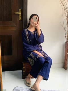 2 Pcs Woman's stitched linen Embroidered Suit