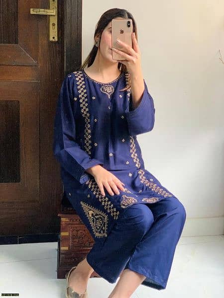 2 Pcs Woman's stitched linen Embroidered Suit 2