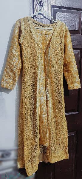 Beautiful Yellow Golden 4 PCs Jammavar & net open-upper style dress 3