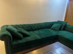 Stylish Green L-Shaped Sofa with Comfy Round Stool