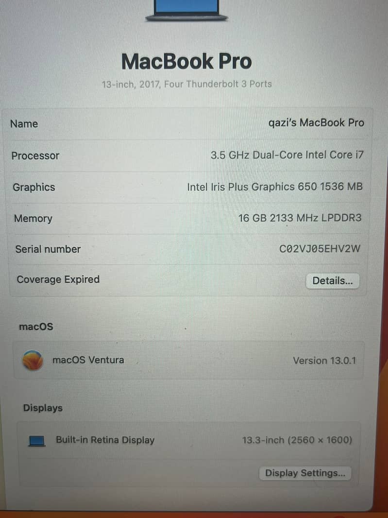 MacBook Pro, 3.5Ghz, Dual Core Intel Core i7,16 GB,1-TB HD,13.3 Disp 6