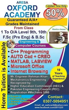 Online+Home tuition class 1 to O A Levels 9th 10th FSc Bsc en