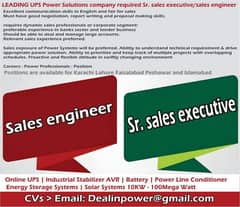 Sales Engineer required 4 Online UPS Battery Solar Stabilizer 1-900KVA