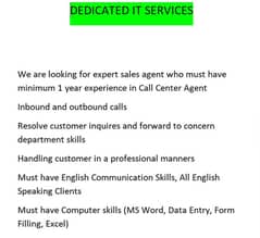 Customer Services Call Center Agent Required