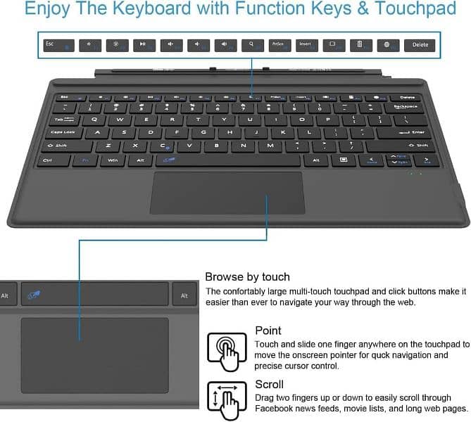Microsoft Surface Pro 3,4,5,6,7 Ultra-Slim Portable Bluetooth Keyboard 2
