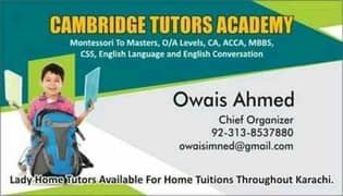 Lady And Male Home Tutors Available Throughout Karachi