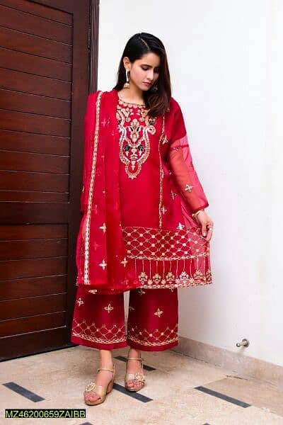 3  Pcs Women's Stitched Fancy Organza Embroidered Suit 0