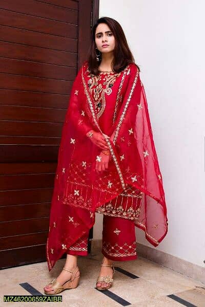 3  Pcs Women's Stitched Fancy Organza Embroidered Suit 2