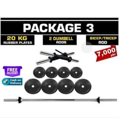 20 kg rubber plates ,bicep/tricep rod/bar ,dumbell FREE HOME DELIVERY)