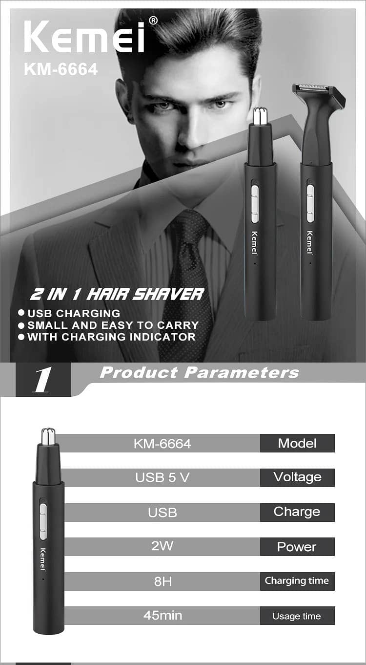 Kemei KM-6664 USB Charging 2 In 1 Shaver Replaceable Blade Trimmer 4