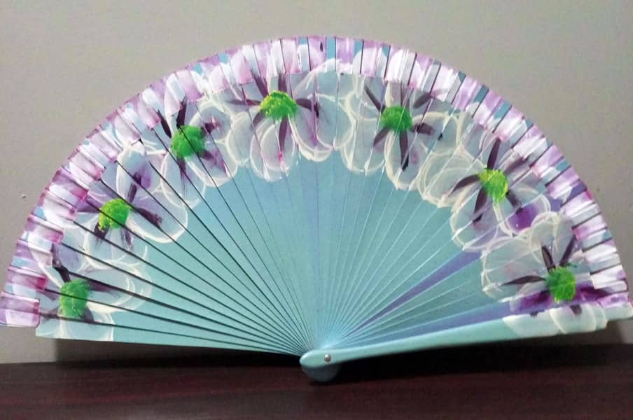 Blue Vintage Hand-Painted Folding Fan - Wooden handfan 0