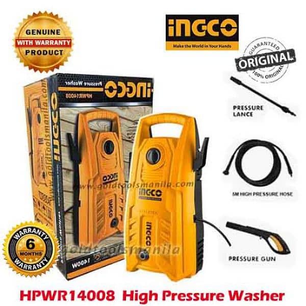 New) INGCO High Pressure Car Washer - 130 Bar, Carbon Brush Motor 17