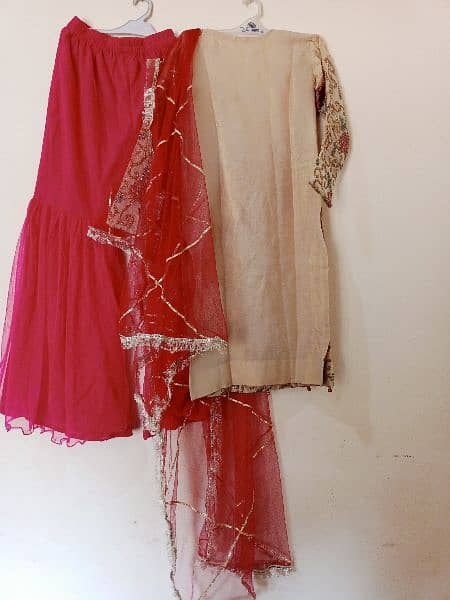 net gharar with golden embroided shirt with pink dupata 4