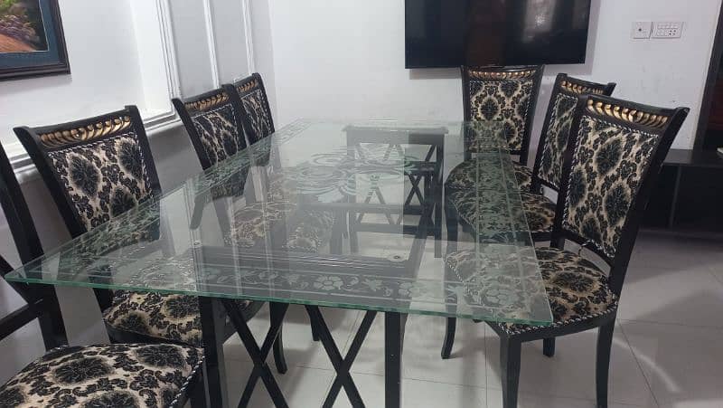 big size dinning table, 6 seater, glass top, wooden chair, almost new 3