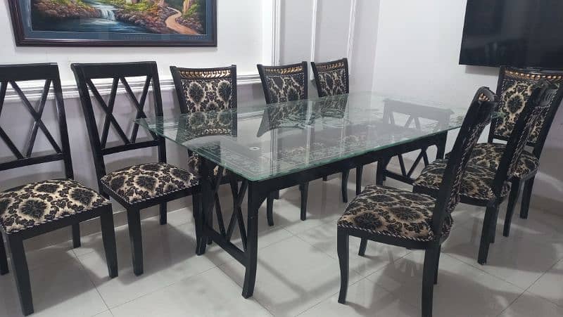 big size dinning table, 6 seater, glass top, wooden chair, almost new 5