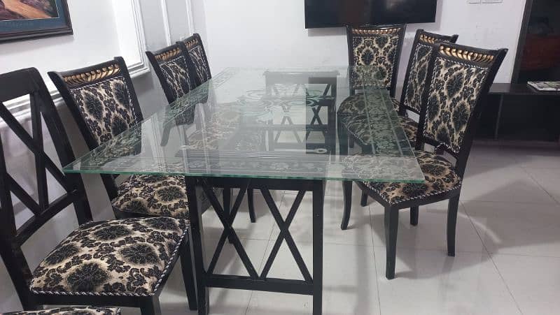 big size dinning table, 6 seater, glass top, wooden chair, almost new 9
