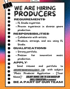 MUSIC PRODUCER WANTED IN KARACHI HIGHLY COMPETITIVE SALARY FULLTIME