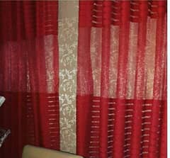 off white self print blinds with maroon net curtains