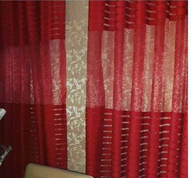 off white self print blinds with maroon net curtains 0