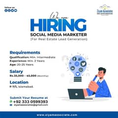 Social Media Marketer required in Real Estate Office (Male/Female)