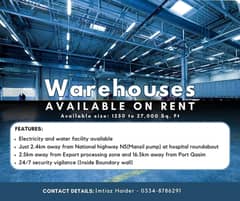 Warehouses available on rent 30 to 35  Rs. per Sq. FT