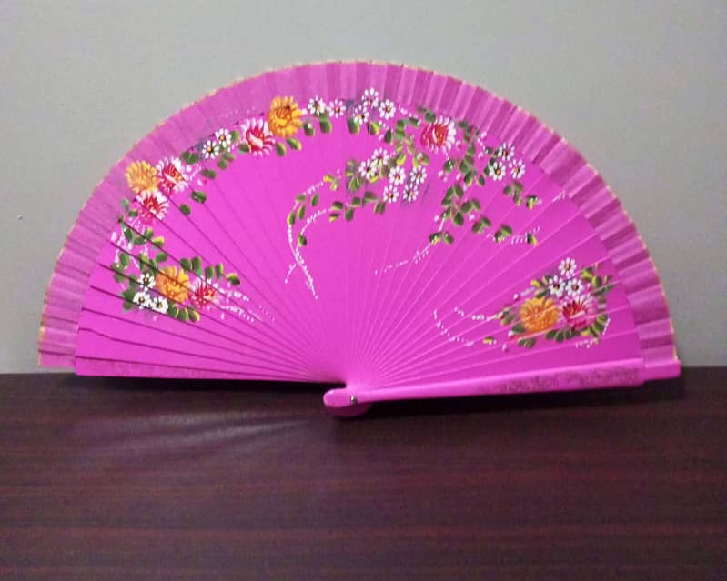Pink Vintage Hand-Painted Folding Fan - Wooden hand fan - Spanish fan 0