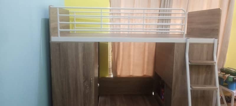Kids Wooden Bunk Bed with cupboard and study table 0
