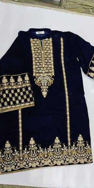 Royal blue embroidery velvet shirt 03224604090 1