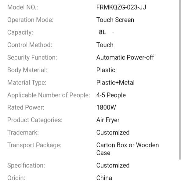 imported air fryer 8liter capacity touch panel 5