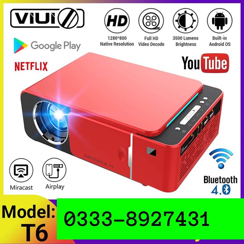 T6 Android 10. V Wifi Smart 2/16GB  Projector 1080p Hd Led Projector 0