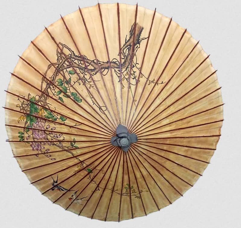 Big 1950's Wooden Umbrella -270$- Antique Chinese Paper - Hand Painted 0