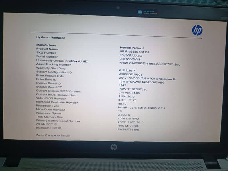 HP Probook 450 G1 Laptop - Core i5 4th Gen - 80 SDD - 500HDD - 8GB RAM 5