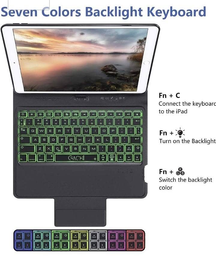 Gachi Bluetooth Keyboard Case with 7 Backlight Colors for iPad  9.7" 1