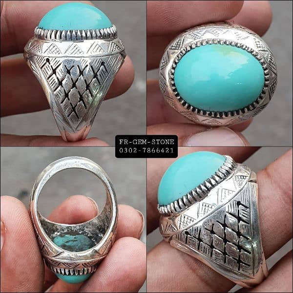 Natural Hussaini Feroza Stone  Hand Made Chandi Ring 0