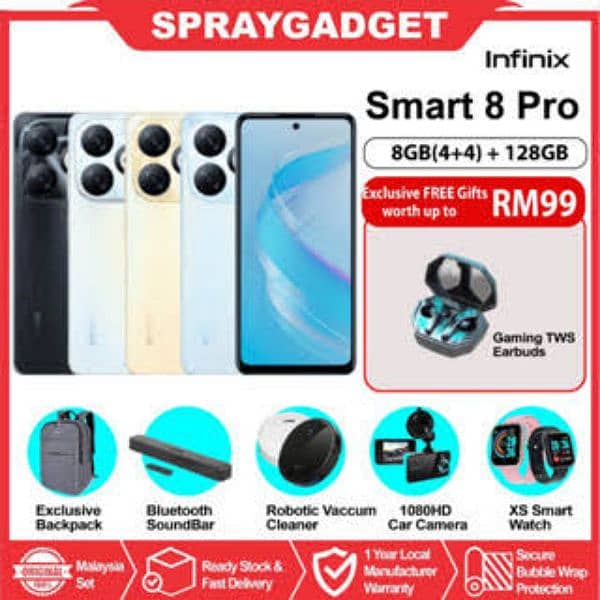 Infinix Smart 8 pro 4+4 ram 128 gb room 1
