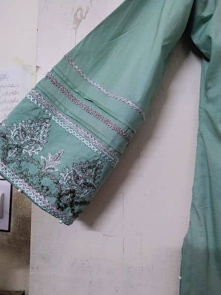 Three piece Cotton Embroided suit with Organza Dupatta. 1