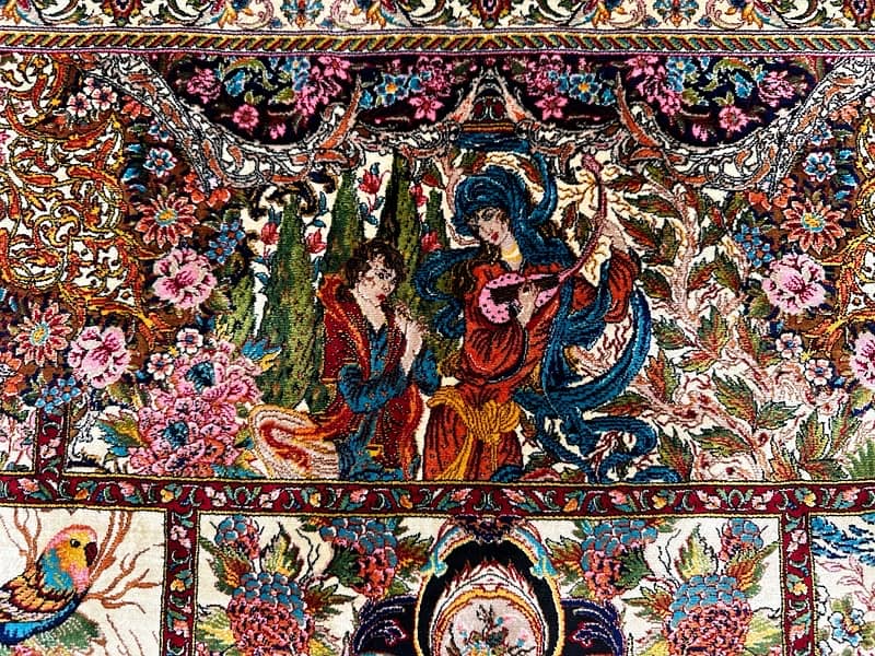 Irani Shikargh pictorial Silk Carpet Bedroom home decor Silk Rug 3x4ft 8