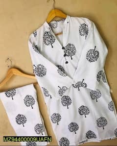 2 pcs women's stitched linen printed shirt and trouser