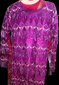 Chiffon purple dress with heavy embroidery on shirt and gotta lass